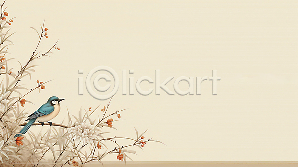 사람없음 JPG 디지털합성 일러스트 그림 꽃 나뭇가지 나뭇잎 동양화 백그라운드 베이지색 카피스페이스 파랑새(새) 한마리