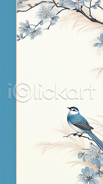 사람없음 JPG 디지털합성 일러스트 그림 꽃 나뭇가지 나뭇잎 동양화 백그라운드 카피스페이스 파란색 파랑새(새) 한마리