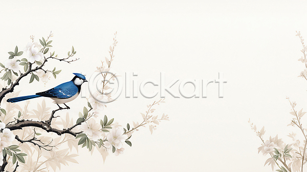 사람없음 JPG 디지털합성 일러스트 그림 꽃 나뭇가지 나뭇잎 동양화 백그라운드 잎 카피스페이스 파랑새(새) 한마리 흰색