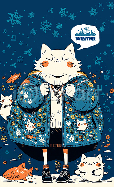 사람없음 PSD 일러스트 겨울 겨울옷 겨울축제 고양이 고양이캐릭터 남색 눈(날씨) 눈송이 말풍선 목걸이 어류 점퍼 주먹