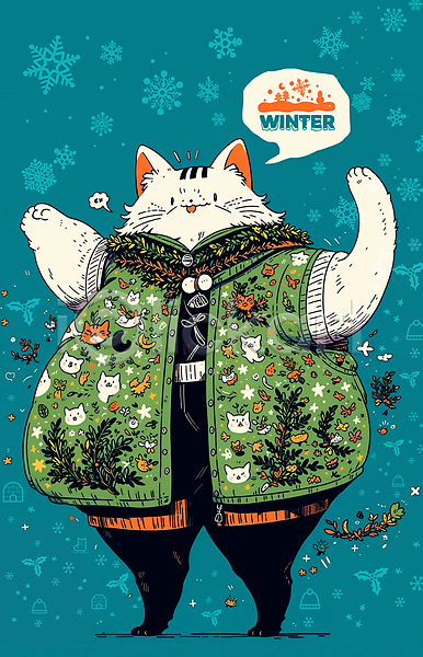 사람없음 PSD 일러스트 겨울 겨울옷 겨울축제 고양이 고양이캐릭터 눈(날씨) 눈송이 말풍선 손들기 점퍼 청록색