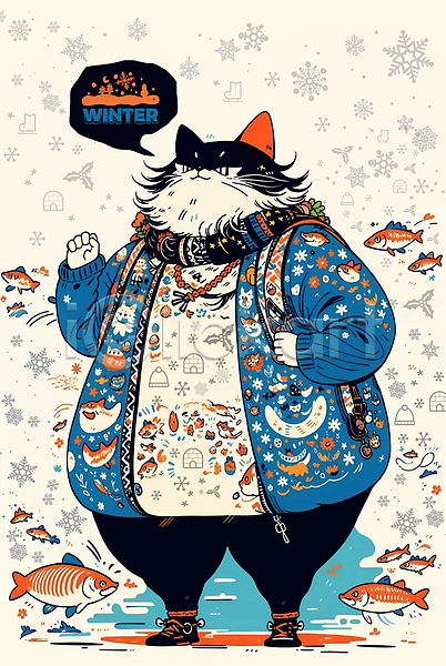 사람없음 PSD 일러스트 겨울 겨울옷 겨울축제 고양이 고양이캐릭터 눈(날씨) 눈송이 말풍선 어류 점퍼 주먹
