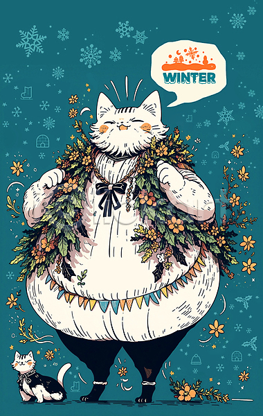 사람없음 PSD 일러스트 가랜드 겨울 겨울옷 겨울축제 고양이 고양이캐릭터 눈(날씨) 눈송이 리본 말풍선 점퍼 주먹 청록색