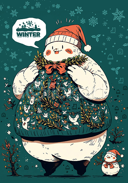 사람없음 PSD 일러스트 겨울 겨울옷 겨울축제 나무 눈(날씨) 눈사람 눈송이 니트 리본 말풍선 산타모자 손짓 초록색 캐릭터