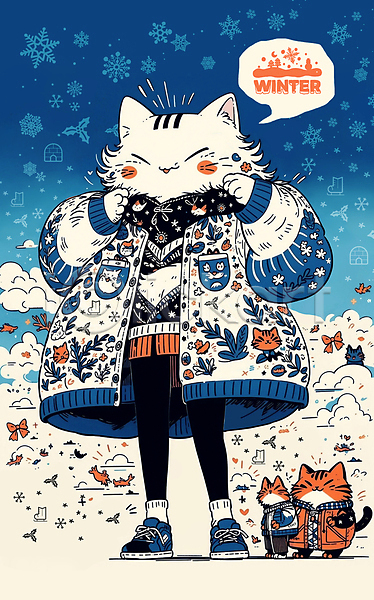 사람없음 PSD 일러스트 겨울 겨울옷 겨울축제 고양이 고양이캐릭터 눈(날씨) 눈송이 말풍선 손짓 점퍼 파란색