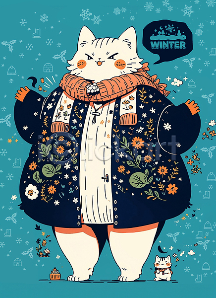 사람없음 PSD 일러스트 겨울 겨울옷 겨울축제 고양이 고양이캐릭터 눈(날씨) 눈송이 말풍선 목도리 민트색 손들기 점퍼