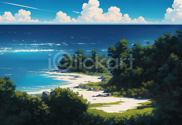 사람없음 JPG 일러스트 구름(자연) 나무 맑음 모래사장 시골 여름(계절) 여름풍경 자연 하늘 해변