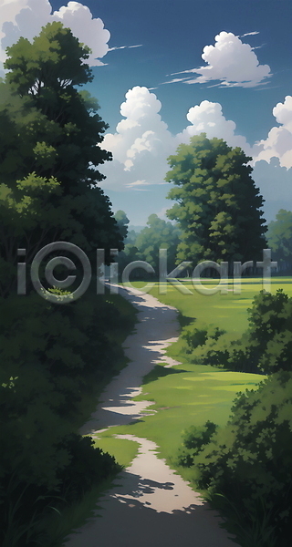 사람없음 JPG 일러스트 구름(자연) 그림자 길 나무 맑음 시골 여름(계절) 여름풍경 자연 하늘