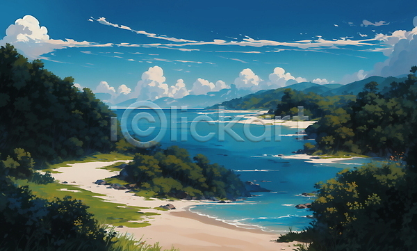 사람없음 JPG 일러스트 구름(자연) 나무 맑음 모래사장 산 시골 여름(계절) 여름풍경 자연 풀(식물) 하늘 해변