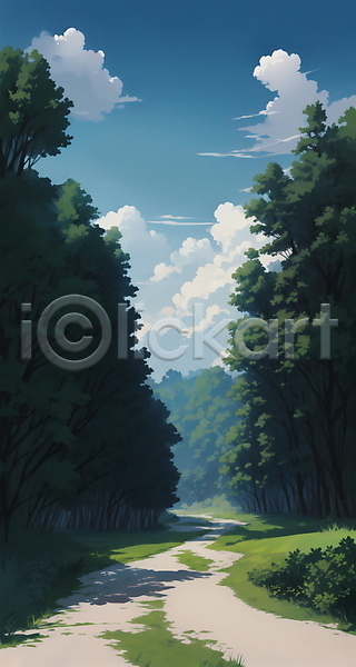 사람없음 JPG 일러스트 구름(자연) 길 나무 맑음 시골 여름(계절) 여름풍경 자연 하늘
