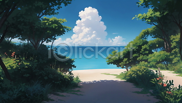 사람없음 JPG 일러스트 구름(자연) 나무 맑음 모래사장 시골 여름(계절) 여름풍경 자연 풀(식물) 하늘 해변