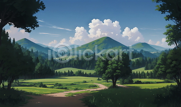 사람없음 JPG 일러스트 구름(자연) 길 나무 맑음 산 시골 여름(계절) 여름풍경 자연 하늘