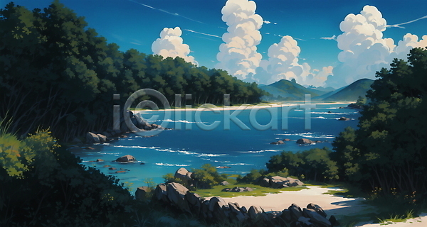 사람없음 JPG 일러스트 구름(자연) 나무 맑음 모래사장 바위(돌) 산 시골 여름(계절) 여름풍경 자연 하늘 해변