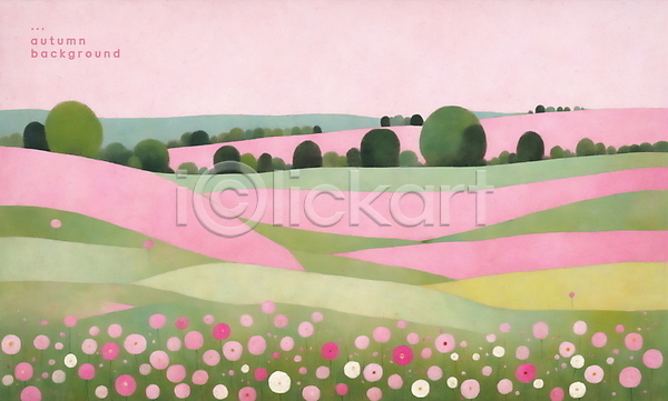 사람없음 PSD 일러스트 가을(계절) 그림 꽃밭 나무 미니멀 백그라운드 분홍색 언덕 유화 자연 풍경(경치)