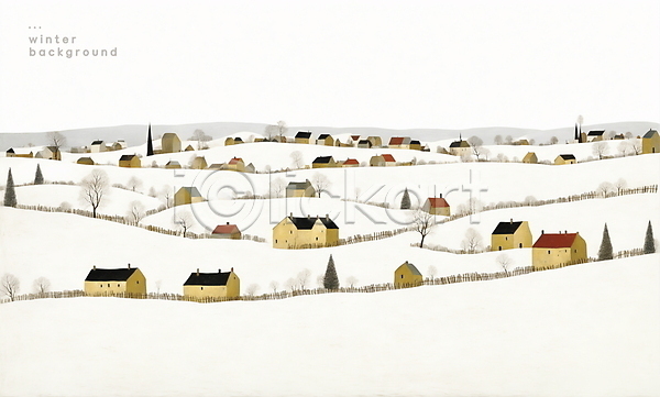 사람없음 PSD 일러스트 겨울 그림 나무 미니멀 백그라운드 설원 울타리 유화 자연 주택 풍경(경치) 흰색