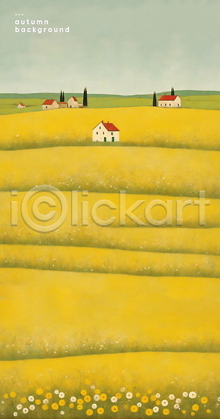 사람없음 PSD 일러스트 가을(계절) 그림 꽃 나무 노란색 미니멀 백그라운드 유화 자연 주택 초원(자연) 풍경(경치)