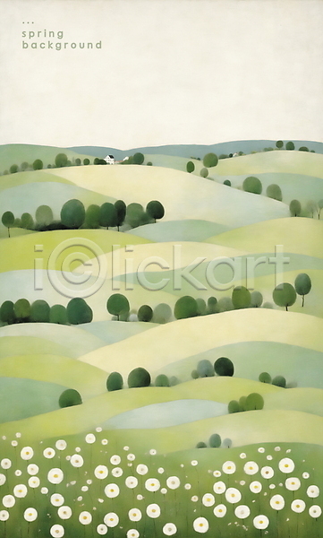 사람없음 PSD 일러스트 그림 꽃 나무 미니멀 백그라운드 봄 언덕 유화 자연 초록색 풍경(경치)