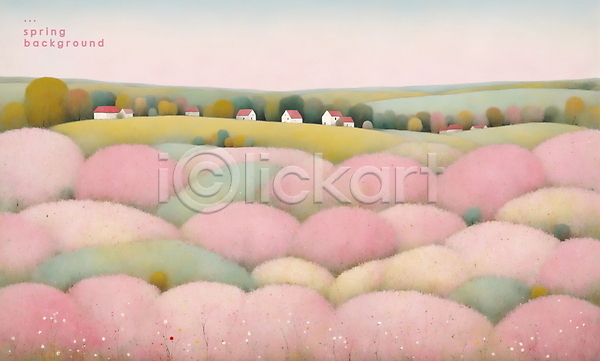 사람없음 PSD 일러스트 그림 꽃 나무 미니멀 백그라운드 봄 분홍색 유화 자연 주택 풍경(경치)
