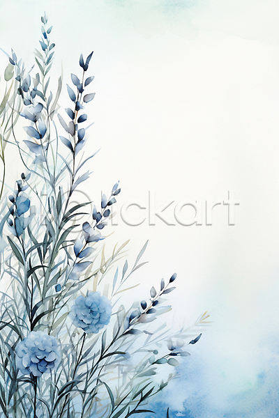 사람없음 JPG 일러스트 겨울 꽃 백그라운드 번짐 수채화(물감) 잎 줄기 카피스페이스 파란색