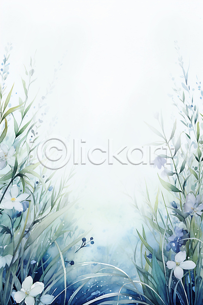 사람없음 JPG 일러스트 겨울 꽃 눈송이 백그라운드 번짐 수채화(물감) 잎 줄기 카피스페이스 파란색