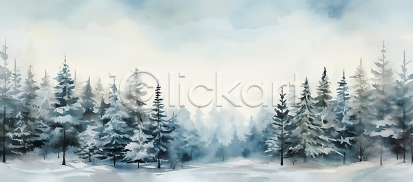 사람없음 JPG 일러스트 겨울 겨울풍경 눈(날씨) 눈덮임 백그라운드 소나무 수채화(물감) 숲 자연