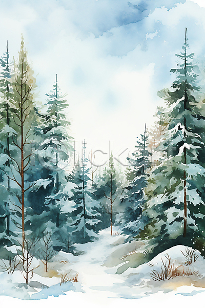사람없음 JPG 일러스트 겨울 겨울풍경 눈내림 백그라운드 소나무 수채화(물감) 숲길 숲속 자연 풀(식물)