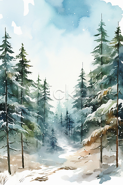 사람없음 JPG 일러스트 겨울 겨울풍경 눈내림 눈덮임 백그라운드 소나무 수채화(물감) 숲길 숲속 자연