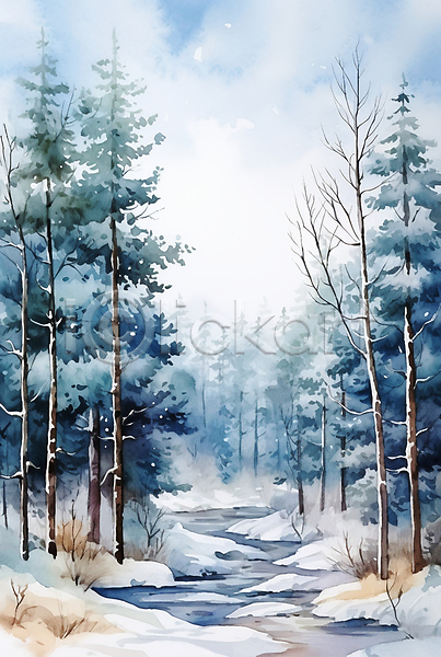 사람없음 JPG 일러스트 개울 겨울 겨울풍경 눈(날씨) 눈덮임 백그라운드 소나무 수채화(물감) 숲속 자연 풀(식물)