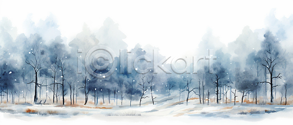 사람없음 JPG 일러스트 겨울 겨울풍경 나무 눈(날씨) 백그라운드 수채화(물감) 숲 자연