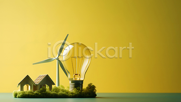 사람없음 JPG 편집이미지 그린에너지 노란색 백그라운드 에코 잔디 전구 주택 친환경 카피스페이스 풍력기 풍력발전소