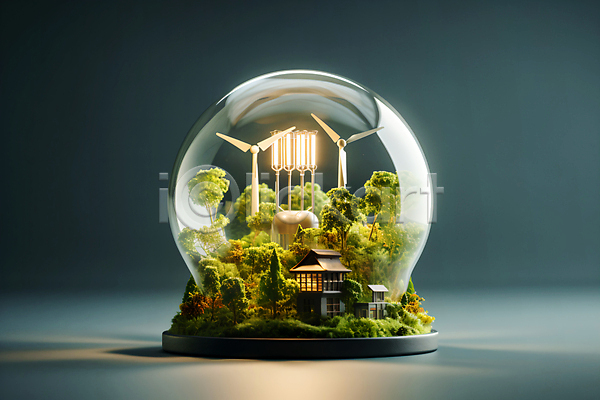 사람없음 JPG 편집이미지 그린에너지 나무 백그라운드 빛 스노글로브 에코 잔디 주택 집열판 친환경 풀(식물) 풍력기