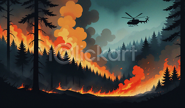 사람없음 JPG 실루엣 일러스트 나무 불 불꽃(불) 산불 소방헬리콥터 숲 연기 자연재해 진화(소방) 피해 헬리콥터 화재