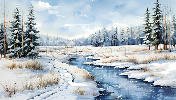 사람없음 JPG 편집이미지 나무 눈(날씨) 눈덮임 물길 설경 시골 자연 풍경(경치) 하늘 흰색