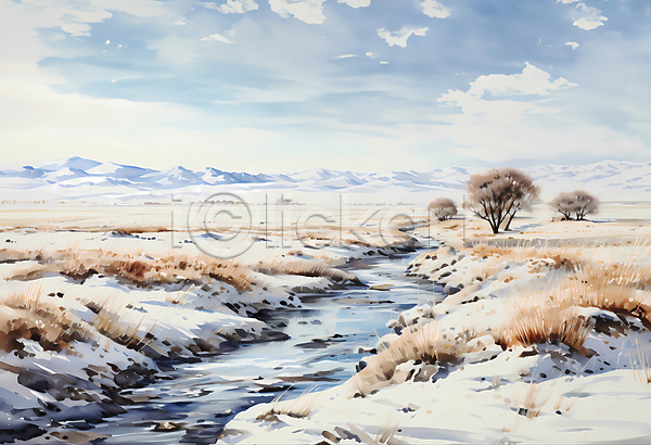 사람없음 JPG 편집이미지 나무 눈(날씨) 눈덮임 물길 설경 시골 자연 풍경(경치) 하늘 흰색