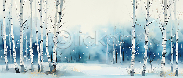사람없음 JPG 일러스트 겨울 눈(날씨) 백그라운드 수채화(물감) 숲 자연 자작나무 풍경(경치)