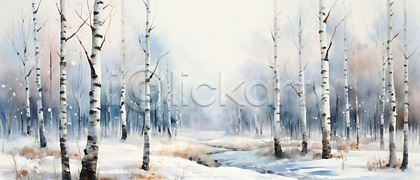 사람없음 JPG 일러스트 겨울 눈(날씨) 백그라운드 수채화(물감) 숲 오솔길 자연 자작나무 풍경(경치)