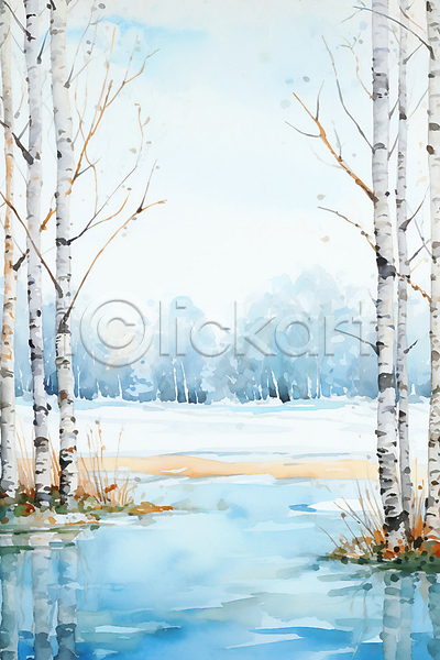 사람없음 JPG 일러스트 강 겨울 눈(날씨) 백그라운드 수채화(물감) 숲 자연 자작나무 풍경(경치)