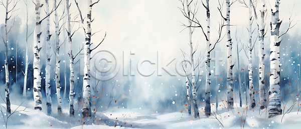 사람없음 JPG 일러스트 겨울 눈(날씨) 백그라운드 수채화(물감) 숲 자연 자작나무 풍경(경치)