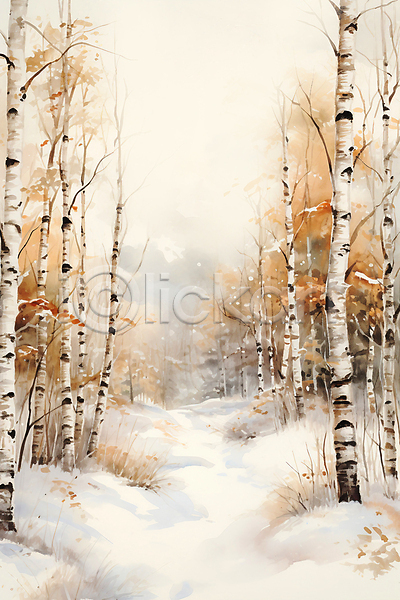 사람없음 JPG 일러스트 갈대(식물) 겨울 눈(날씨) 백그라운드 수채화(물감) 숲 자연 자작나무 풍경(경치)