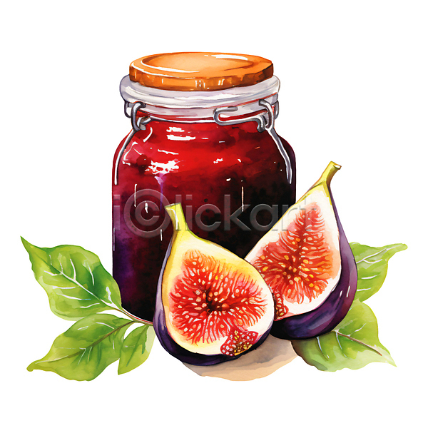 달콤 사람없음 PSD 일러스트 과일잼 나뭇잎 무화과 수채화(물감) 열매 유리병 잼 제철 제철과일