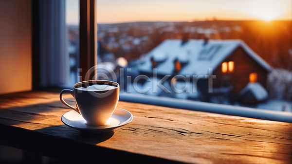 사람없음 JPG 편집이미지 겨울 주택 창가 커피 커피잔 컵받침 풍경(경치) 햇빛