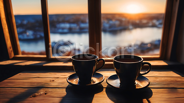사람없음 JPG 편집이미지 겨울 노을 창가 커피잔 컵받침 풍경(경치) 햇빛