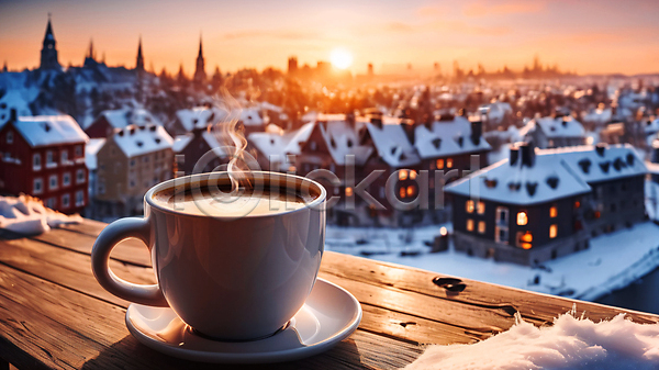 사람없음 JPG 편집이미지 겨울 노을 눈(날씨) 연기 주택 커피잔 컵받침 탁자 풍경(경치) 햇빛