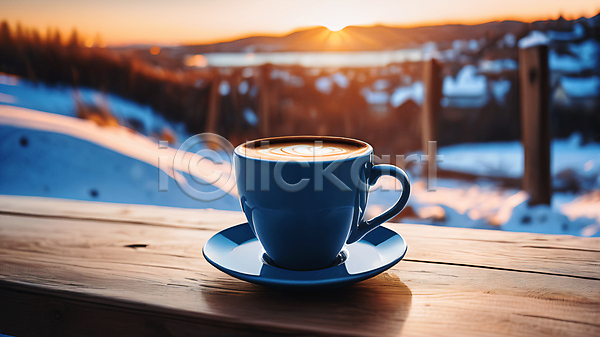 사람없음 JPG 편집이미지 겨울 노을 눈(날씨) 라떼아트 커피잔 컵받침 탁자 풍경(경치) 햇빛