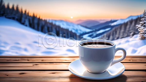 사람없음 JPG 편집이미지 겨울 노을 눈(날씨) 커피잔 컵받침 탁자 태양 풍경(경치)