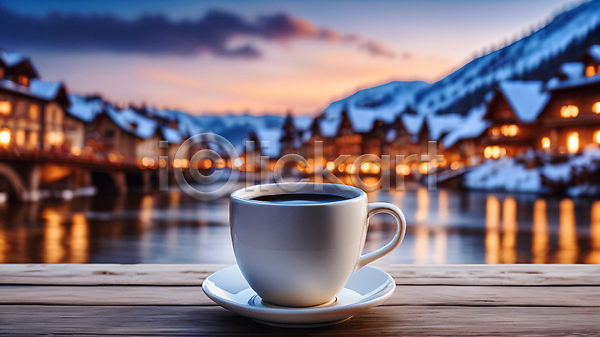 사람없음 JPG 편집이미지 겨울 구름(자연) 눈(날씨) 일몰 커피잔 컵받침 탁자 풍경(경치) 하늘