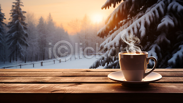 사람없음 JPG 편집이미지 겨울 눈(날씨) 연기 커피잔 컵받침 탁자 풍경(경치) 햇빛