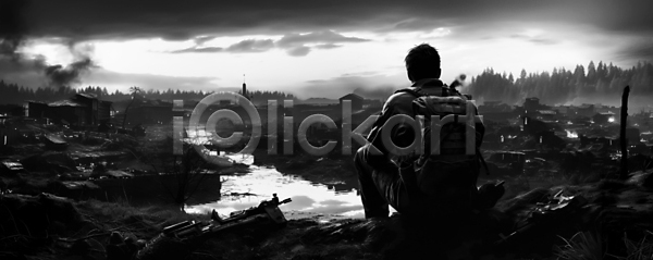남자 성인 성인남자한명만 한명 JPG 디지털합성 편집이미지 흑백 구름(자연) 도시 앉기 응시 전신 전쟁터 폐허 풍경(경치) 하늘