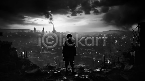 남자 소년 소년한명만 어린이 한명 JPG 디지털합성 편집이미지 흑백 구름(자연) 도시 응시 전신 전쟁터 폐허 풍경(경치) 하늘