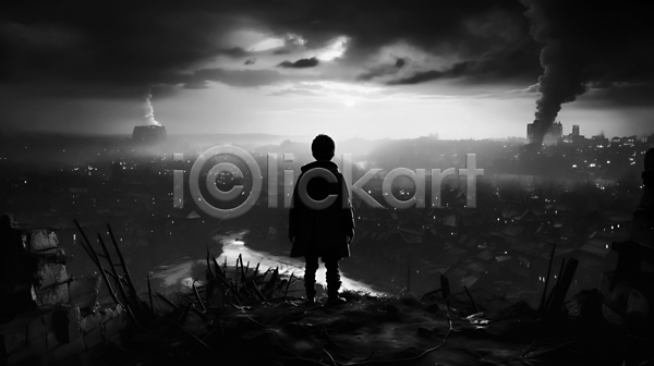 남자 소년 소년한명만 어린이 한명 JPG 디지털합성 편집이미지 흑백 구름(자연) 도시 응시 전신 전쟁터 폐허 풍경(경치) 하늘
